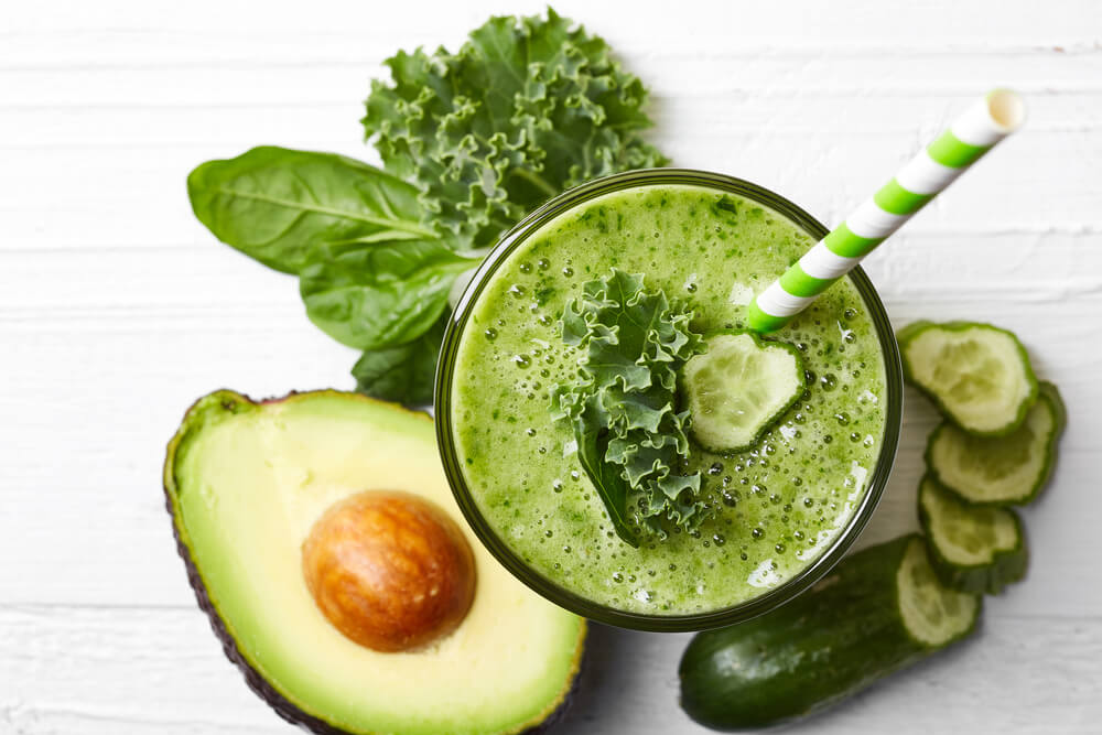Green smoothie, vegetables, and fruits