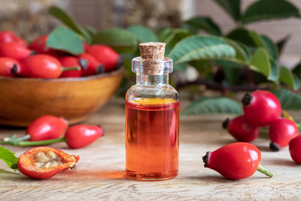 Rosehip Oil in clear bottle