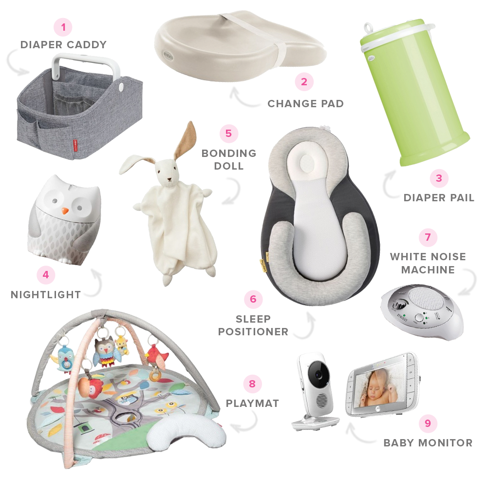 Graphic of baby gear for in the nursery and around the house