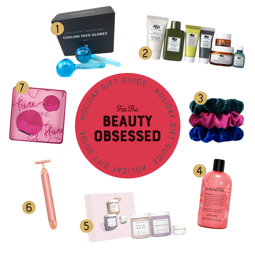 holiday beauty products on a white background