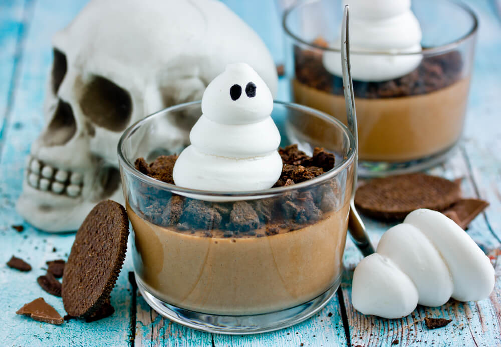 chocolate pudding with topping that looks like a ghost