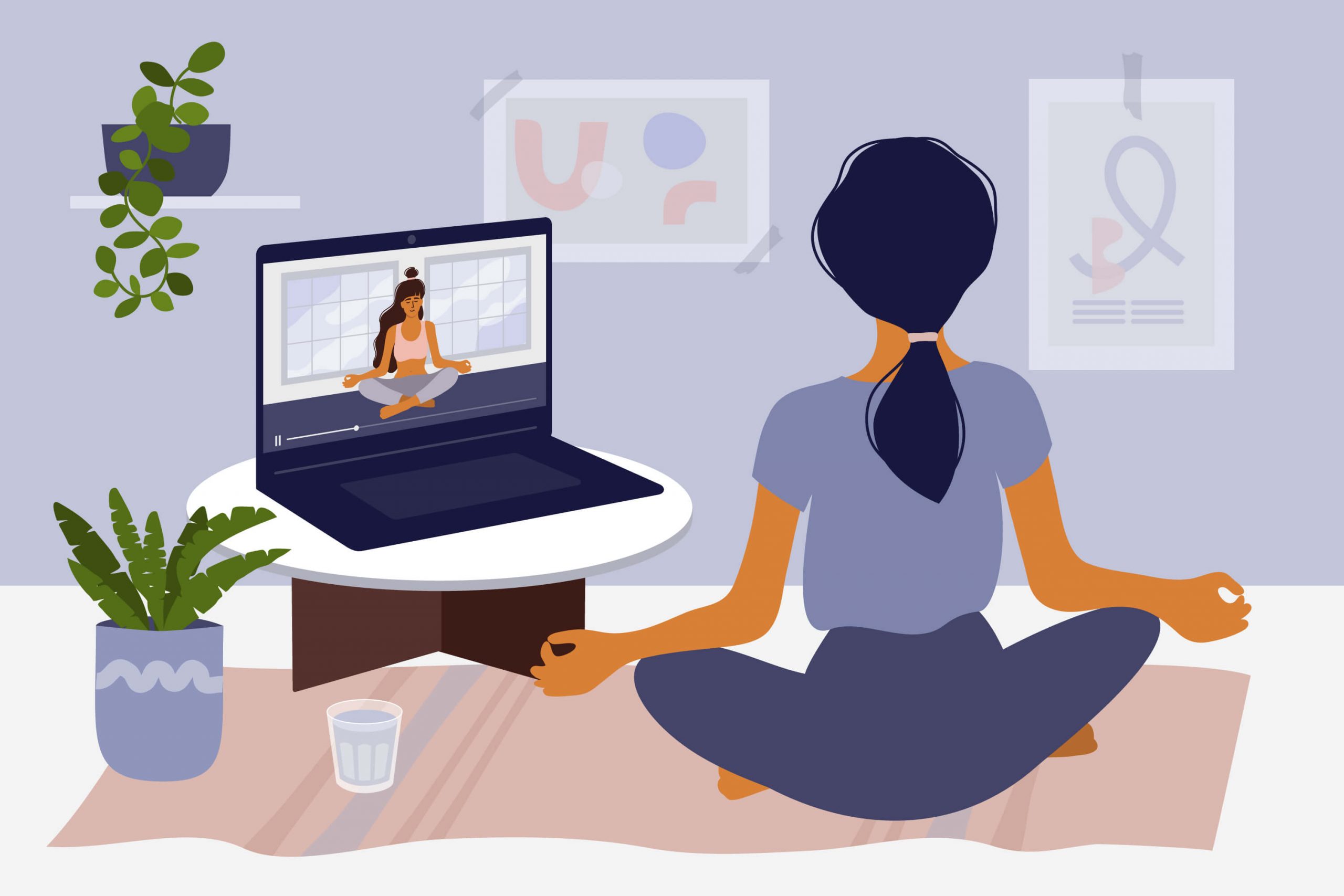 animated image of woman practicing virtual yoga