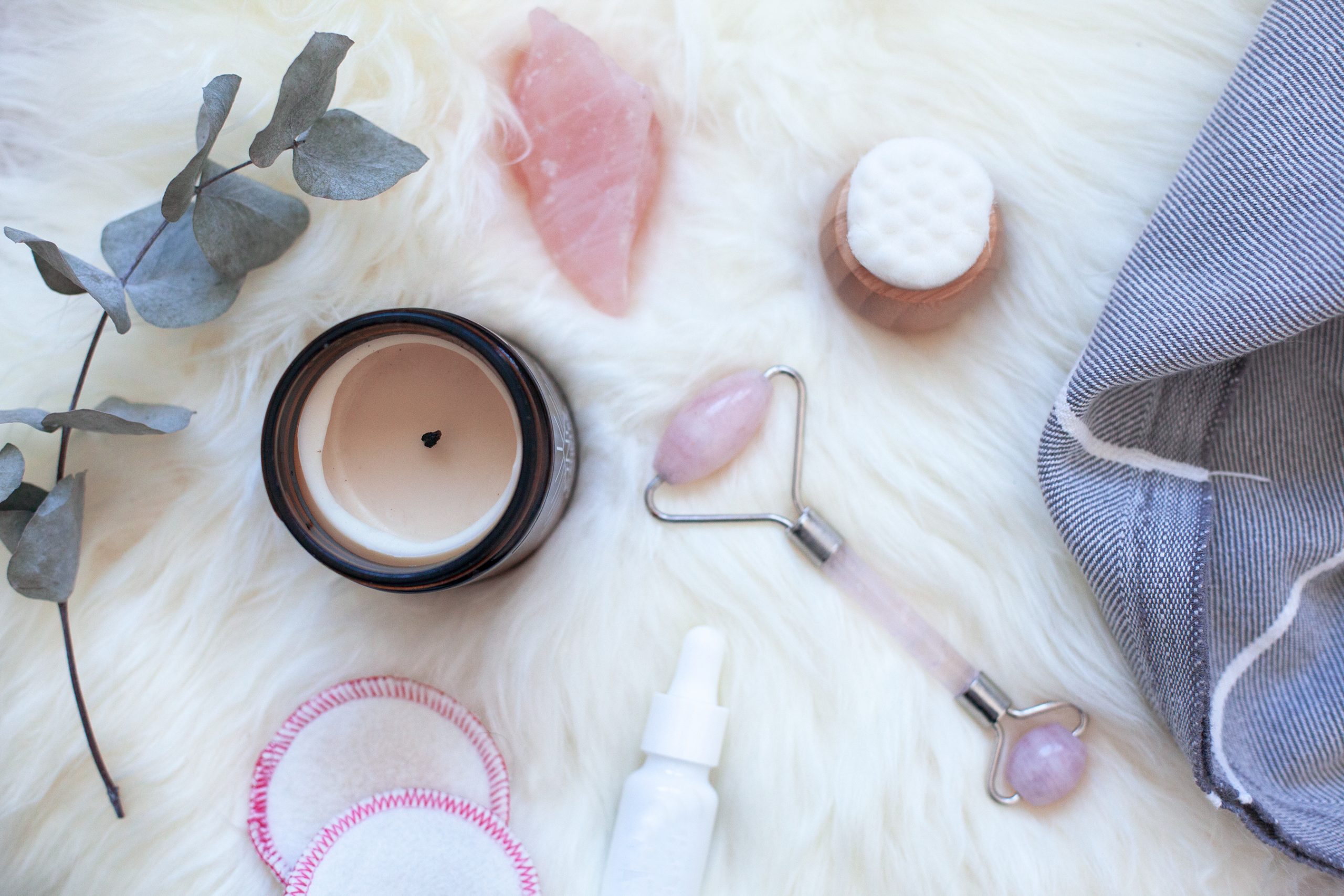 calming beauty products on a soft surface