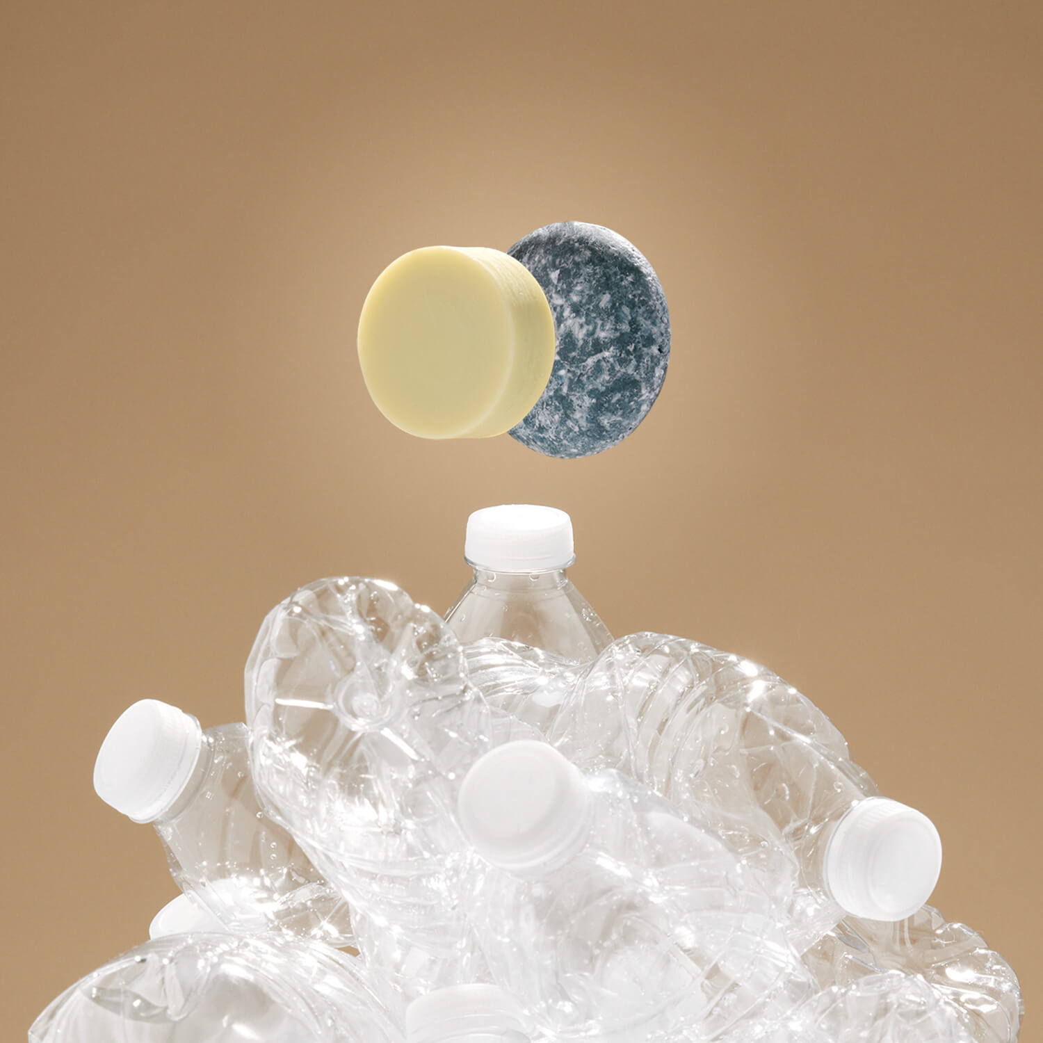 Shampoo Bars hovering over a mountain of Plastic Bottles