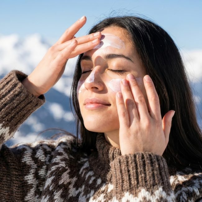 woman applying sunscreen in the winter mountains