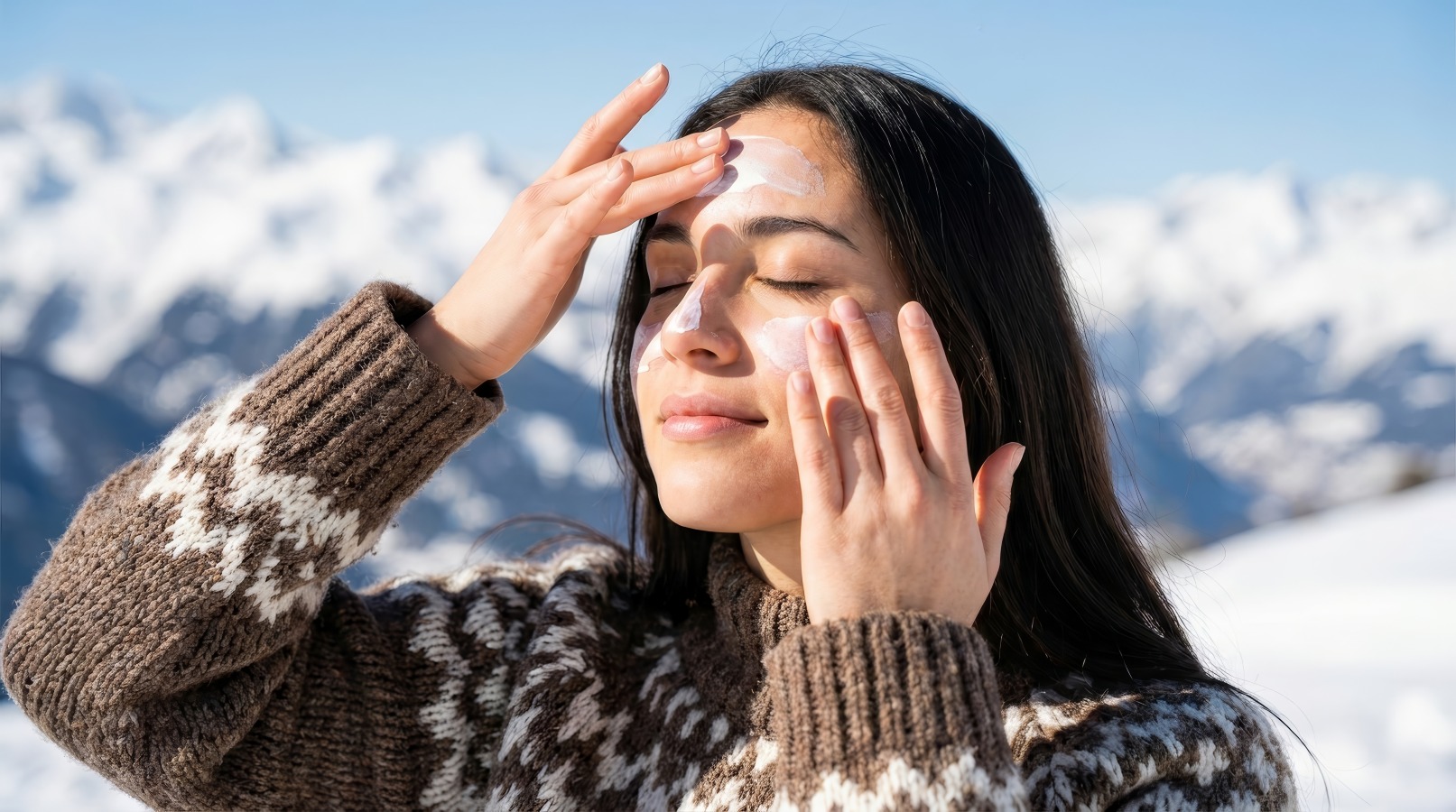 woman applying sunscreen in the winter mountains